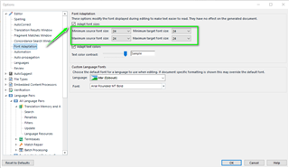 Trados Studio Options dialog box showing EditorFont Adaptation settings with Minimum font size field set to 20 and Maximum target font size set to 30.