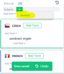 Screenshot of Trados Studio Termbase viewer showing a new term added in Czech with a highlighted 'General' subject field, and a French term below with 'Entry saved!' confirmation.