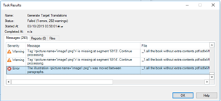 Trados Studio error message window showing three warnings about missing segment images during target translation generation.