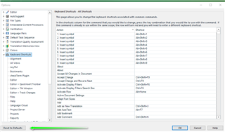 Trados Studio screenshot showing the Keyboard Shortcuts customization window with a list of commands and their corresponding shortcut keys, such as 'Accept All Changes in Document' with shortcut 'Ctrl+Shift+A'.