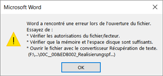 Microsoft Word error dialog box with a warning icon. Text reads: 'Word encountered an error when opening the file. Try to: Check the file readwrite permissions, Verify there is enough memory and disk space, Open the file with the text recovery converter.'