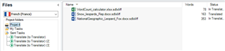 Trados Studio interface showing a project with three files listed under 'Files' with their names, word counts, and 'Translated' status.