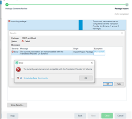 Trados Studio error message window overlaying Package Opening progress window, showing '1 of 2 completed' with a blue progress bar and an error 'The current parameters are not compatible with the Translation Provider Uri Schema'.