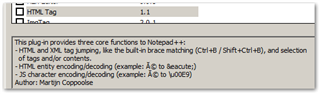 Notepad++ plugin description showing HTML Tag functions including HTML and XML tag jumping, HTML entity encodingdecoding, and JS character encodingdecoding.