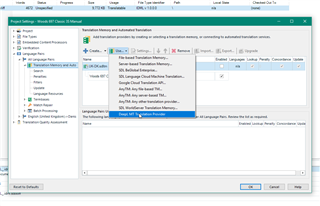 Trados Studio Project Settings window showing Automated Translation Providers list without DeepL present.