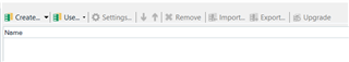 Trados Studio project settings toolbar with 'Create', 'Use', 'Settings', 'Remove', 'Import', 'Export', 'Upgrade' buttons and an empty 'Name' field.