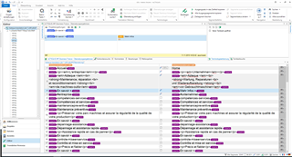 Trados Studio interface showing joined files with French text on both the source and target sides of the translation editor.