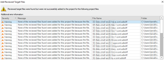 Error message in Trados Studio stating 'Processed target files have not been returned successfully. Added to the project for the following project files.' Followed by a list of ICML files with warnings that files were not added to the project.