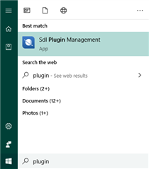 Windows search results showing 'Sdl Plugin Management' app as the best match for the search term 'plugin'.