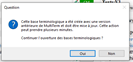 Error message in SDL Trados Studio 2019 in French, asking if the user wants to continue the operation of term recognition.
