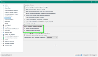 Trados Studio Options dialog showing Translation Memory settings with 'Update translation segments manually' option checked.