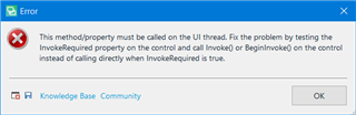 Error dialog box in Trados Studio with a red cross symbol, stating 'This methodproperty must be called on the UI thread. Fix the problem by testing the InvokeRequired property on the control and call Invoke or BeginInvoke on the control instead of calling directly when InvokeRequired is true.'