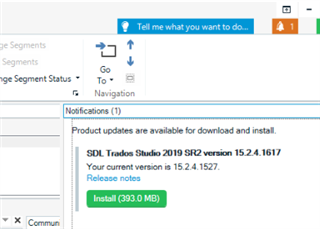Trados Studio notification dropdown showing an available update for SDL Trados Studio 2019 SR2 version 15.2.4.1617 with an 'Install' button.
