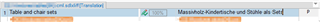 Screenshot of Trados Studio editor showing text change from 'Table and chair sets' in Frutiger font to 'Massivholz-Kindertische und St hle als Sets' in Minion Pro font.