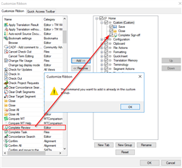 Trados Studio customization window with a warning triangle indicating an issue with adding 'Complete Review' and 'Complete Sign-off' to a custom group in the ribbon.
