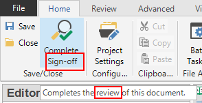 Trados Studio ribbon showing 'Complete Sign-off' button with a mismatched description below stating 'Completes the review of this document.'