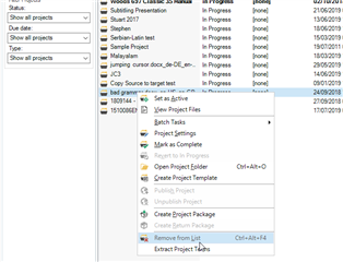 Trados Studio screenshot showing the 'Remove from List' option highlighted in the project's right-click context menu.
