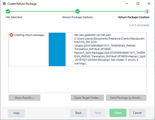 Trados Studio error message during return package creation showing '1 of 3 completed' and a warning symbol next to a file path.
