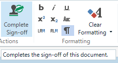 Screenshot of Trados Studio displaying the 'Complete Sign-off' button in the toolbar with a tooltip stating 'Completes the sign-off of this document.'
