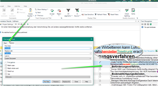 Trados Studio screenshot showing the Find and Replace function with a green arrow pointing to the Replace with field.