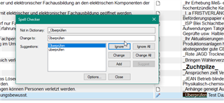 Trados Studio Spell Checker dialog box with the word 'DeepLernen' highlighted and suggestions listed, with the 'Ignore' button visible.