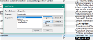 Trados Studio Spell Checker dialog box with the word 'Zuchtpilze' highlighted and suggestions listed, with the 'Ignore' button visible.