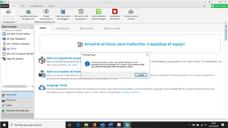 Trados Studio error message dialog box with text 'Error al abrir el proyecto de grupo' indicating an issue opening a group project.