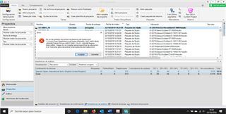 Trados Studio error message dialog box with text 'Error al cerrar el proyecto de grupo' indicating an issue closing a group project.