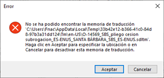 Error message in Trados Studio indicating that the translation memory file cannot be found at a specified long file path location.