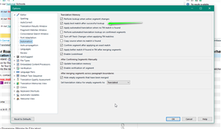 Trados Studio options dialog with 'Automation' section visible, highlighting 'Apply best match' and 'Automatically use best fuzzy match' checkboxes.
