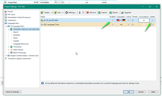 Trados Studio Project Settings window with Translation Memory and Automated Translation pane open, showing no Translation Memory selected.