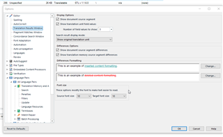 Trados Studio Options window with Editor section open, displaying various settings for display, font size, and segment actions.