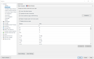 Screenshot of Trados Studio's AutoCorrect options window showing various settings for automatic text correction.
