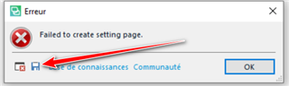 Error dialog box in Trados Studio with a red cross icon, displaying the message 'Failed to create setting page.' and an arrow pointing to a disk symbol.