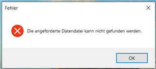Error dialog box in SDL Trados Studio with a red cross icon, stating 'The requested data file cannot be found' in German, with an OK button.