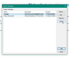 Trados Studio Project Templates window showing 'Default' and 'TQA_Taus' templates with 'Delete' button highlighted.