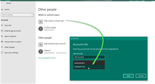 Windows account settings highlighting 'Administrator' and 'Standard User' options with an arrow pointing to 'Add account' button.