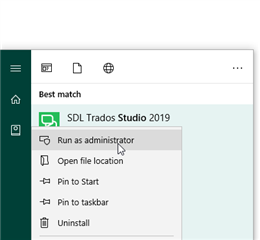Search menu with 'SDL Trados Studio 2019' application selected and 'Run as administrator' option visible.