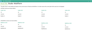 Screenshot of Trados Studio showing an error message 'Read the new Studio MultiTerm terms. All software errors are listed below' with a list of software versions from Studio 2011 to Studio 2019.