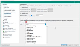 Trados Studio Options dialog showing font selection dropdown with various fonts like Arial and Arial Black.