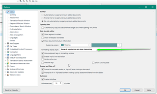 Trados Studio Options dialog with AutoSave settings, showing a slider for AutoSave interval set to 10 minutes.