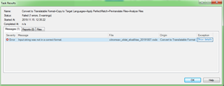 Trados Studio Task Results window showing a failed task with error message 'Input string was not in a correct format.'
