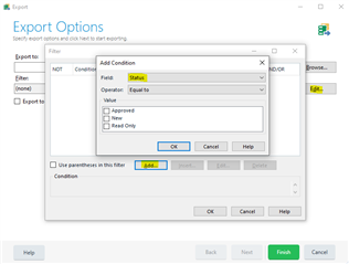 Trados Studio Export Options window with a focus on Add Condition dialog box, showing options to select Field, Operator, and Value for TM data export.