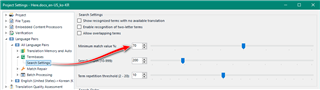 Trados Studio settings window with a red arrow pointing to the 'Minimum match value' slider set at 70%.