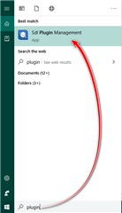 Windows search bar with 'plugin' typed in, showing 'SDL Plugin Management' as the top result, highlighted by a red curved arrow.