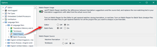 Trados Studio settings window showing Match Repair option with a red arrow pointing to the toggle switch set to 'On'.