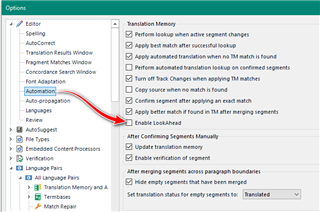 Options menu in Trados Studio with a red arrow indicating the Match Repair section, highlighting various settings including 'Enable LookAhead'.