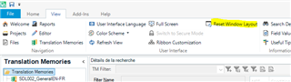 Trados Studio screenshot showing the View tab with 'Reset Window Layout' option highlighted.