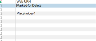 Trados Studio error message displaying 'Web-URN' marked for delete and 'Placeholder-1' in a list.