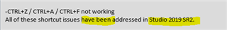 Screenshot of a document stating that shortcut issues have been addressed in Trados Studio 2019 SR2.